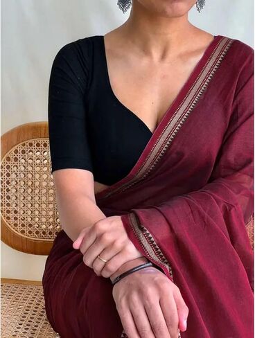 ساري نسائي من القطن الهندي ذو النول اليدوي Khadi العرقي مع شرابات قطعة بلوزة غير مخيطة لملابس المهرجانات in Kuwait