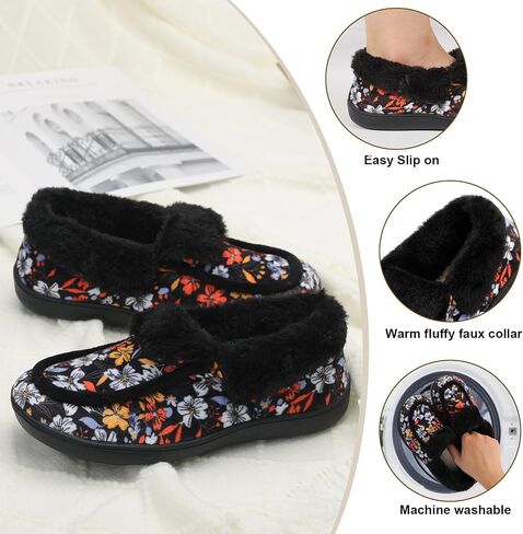 Womens Slippers Fuzzy Collar Slipper Boots for Women Wide Toe House Shoes Moccasin Camping Travel Slippers with Hard Rubber Sole Indoor/Outdoor in Saudi Arabia