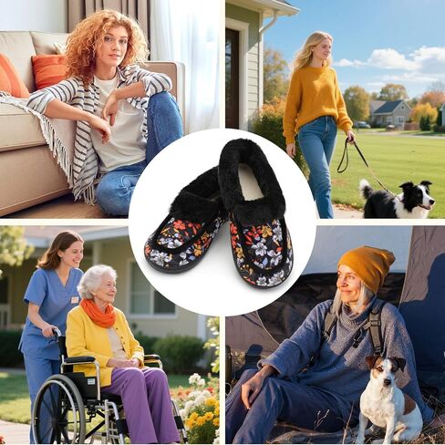Womens Slippers Fuzzy Collar Slipper Boots for Women Wide Toe House Shoes Moccasin Camping Travel Slippers with Hard Rubber Sole Indoor/Outdoor in Saudi Arabia