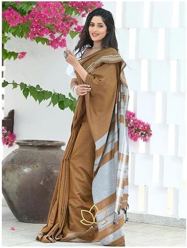 Women's Designer Cotton Indian Handloom Khadi Ethnic Saree With Tassels Unstitched Blouse Piece for Festival Wear in Saudi Arabia