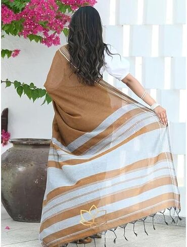 Women's Designer Cotton Indian Handloom Khadi Ethnic Saree With Tassels Unstitched Blouse Piece for Festival Wear in Saudi Arabia