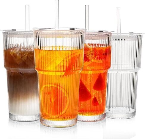 20 OZ Iced Coffee Cup With Glass Lids and Straws,High Borosilicate Glass Tumbler Cup Reusable Wide Mouth Smoothie Cups(Clear,1cup)… in Saudi Arabia