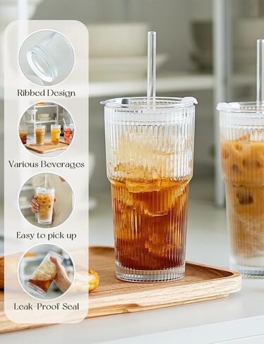 20 OZ Iced Coffee Cup With Glass Lids and Straws,High Borosilicate Glass Tumbler Cup Reusable Wide Mouth Smoothie Cups(Clear,1cup)… in Saudi Arabia