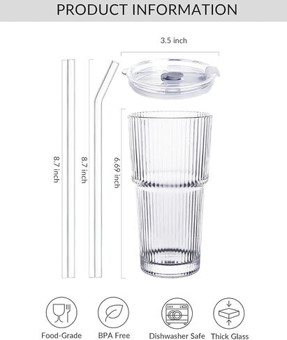 20 OZ Iced Coffee Cup With Glass Lids and Straws,High Borosilicate Glass Tumbler Cup Reusable Wide Mouth Smoothie Cups(Clear,1cup)… in Saudi Arabia