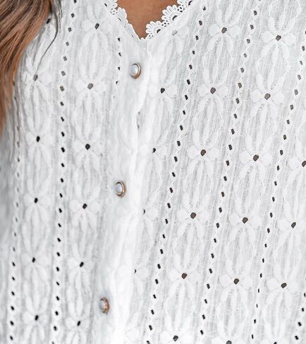 CUPSHE Women's Blouses Eyelet Tops Long Sleeve V Neck Puff Sleeve Shirts Dressy Casual in Saudi Arabia