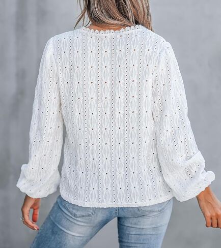 CUPSHE Women's Blouses Eyelet Tops Long Sleeve V Neck Puff Sleeve Shirts Dressy Casual in Saudi Arabia