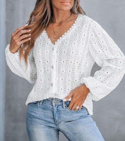 CUPSHE Women's Blouses Eyelet Tops Long Sleeve V Neck Puff Sleeve Shirts Dressy Casual in Saudi Arabia