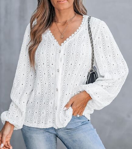 CUPSHE Women's Blouses Eyelet Tops Long Sleeve V Neck Puff Sleeve Shirts Dressy Casual in Saudi Arabia