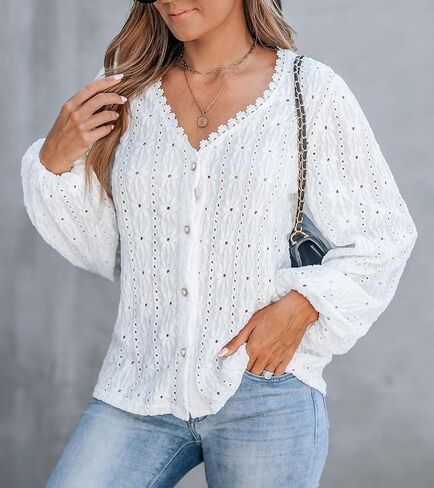 CUPSHE Women's Blouses Eyelet Tops Long Sleeve V Neck Puff Sleeve Shirts Dressy Casual in Saudi Arabia