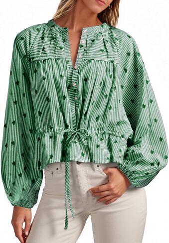 Tankaneo Womens Striped Cropped Button Down Shirts Puff Long Sleeve Peplum Tops Drawstring Waist Loose Fit Blouses in Saudi Arabia