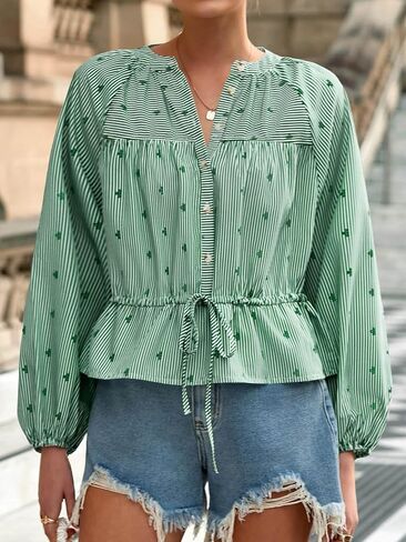 Tankaneo Womens Striped Cropped Button Down Shirts Puff Long Sleeve Peplum Tops Drawstring Waist Loose Fit Blouses in Saudi Arabia