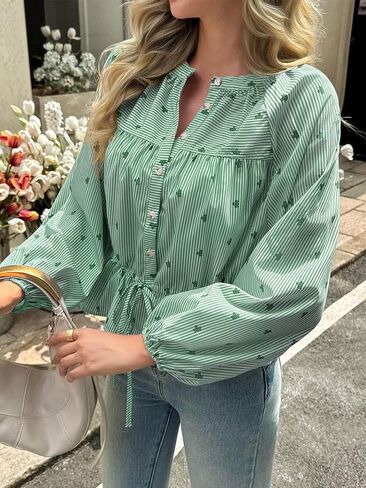 Tankaneo Womens Striped Cropped Button Down Shirts Puff Long Sleeve Peplum Tops Drawstring Waist Loose Fit Blouses in Saudi Arabia