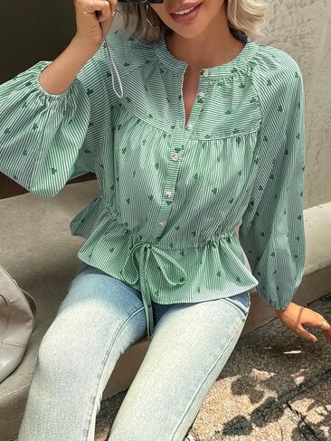 Tankaneo Womens Striped Cropped Button Down Shirts Puff Long Sleeve Peplum Tops Drawstring Waist Loose Fit Blouses in Saudi Arabia