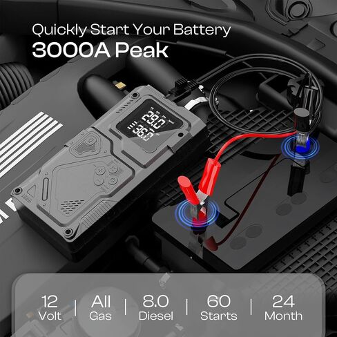 Car Battery Jump Starter with Air Compressor - 3000A Car Jump Starter Jump Box (All Gas/10L Diesel), with 150PSI Auto Tire Inflator, 12V Portable Booster Pack with Boost, Light and Jumper Cables in Saudi Arabia
