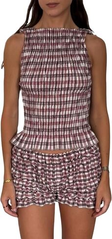 Women 2pcs Smocked Ruffle Shorts Pajamas Set Sleeveless Round Neck Plaid Print Crop Top Elastic Waist Shorts Lounge Set in Kuwait