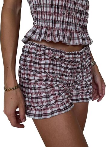 Women 2pcs Smocked Ruffle Shorts Pajamas Set Sleeveless Round Neck Plaid Print Crop Top Elastic Waist Shorts Lounge Set in Kuwait