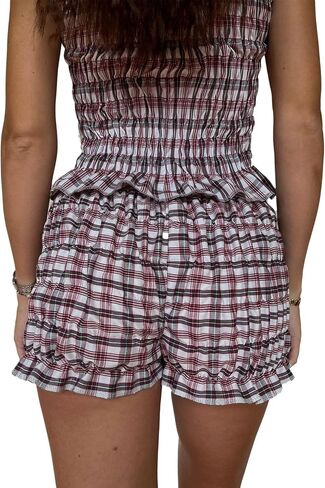 Women 2pcs Smocked Ruffle Shorts Pajamas Set Sleeveless Round Neck Plaid Print Crop Top Elastic Waist Shorts Lounge Set in Kuwait