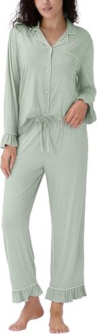 Women Bamboo Viscose Pajama Sets Ruffled Cuff Hem Long Sleeve Fancy Yarn 2 Piece Loungewear Loose Fit Drop Shoulder in Saudi Arabia