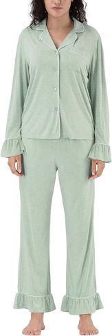 Women Bamboo Viscose Pajama Sets Ruffled Cuff Hem Long Sleeve Fancy Yarn 2 Piece Loungewear Loose Fit Drop Shoulder in Saudi Arabia