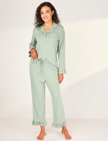 Women Bamboo Viscose Pajama Sets Ruffled Cuff Hem Long Sleeve Fancy Yarn 2 Piece Loungewear Loose Fit Drop Shoulder in Saudi Arabia