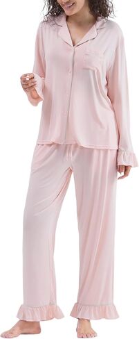 Women Bamboo Viscose Pajama Sets Ruffled Cuff Hem Long Sleeve Fancy Yarn 2 Piece Loungewear Loose Fit Drop Shoulder in Saudi Arabia