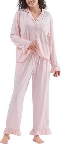 Women Bamboo Viscose Pajama Sets Ruffled Cuff Hem Long Sleeve Fancy Yarn 2 Piece Loungewear Loose Fit Drop Shoulder in Saudi Arabia
