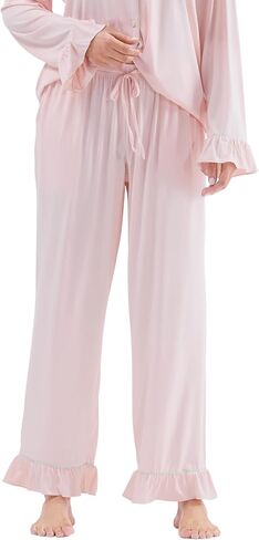 Women Bamboo Viscose Pajama Sets Ruffled Cuff Hem Long Sleeve Fancy Yarn 2 Piece Loungewear Loose Fit Drop Shoulder in Saudi Arabia
