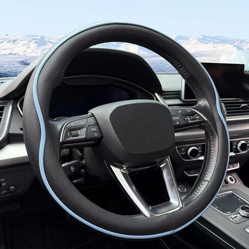 Leather Steering Wheel Cover， with Anti-Slip Stripe Design - Enhanced Grip, Fashion Style, Safe, Non-Slip, Breathable. Upgrade car Interior，Black Blue in Saudi Arabia