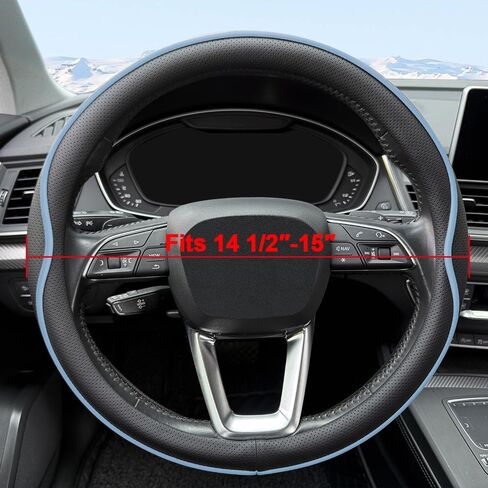 Leather Steering Wheel Cover， with Anti-Slip Stripe Design - Enhanced Grip, Fashion Style, Safe, Non-Slip, Breathable. Upgrade car Interior，Black Blue in Saudi Arabia
