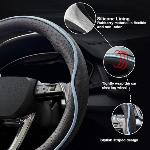 Leather Steering Wheel Cover， with Anti-Slip Stripe Design - Enhanced Grip, Fashion Style, Safe, Non-Slip, Breathable. Upgrade car Interior，Black Blue in Saudi Arabia