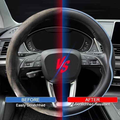 Leather Steering Wheel Cover， with Anti-Slip Stripe Design - Enhanced Grip, Fashion Style, Safe, Non-Slip, Breathable. Upgrade car Interior，Black Blue in Saudi Arabia