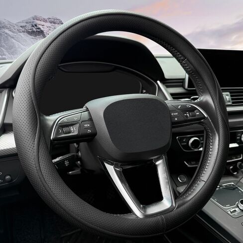Leather Steering Wheel Cover， with Anti-Slip Stripe Design - Enhanced Grip, Fashion Style, Safe, Non-Slip, Breathable. Upgrade car Interior，Black Blue in Saudi Arabia