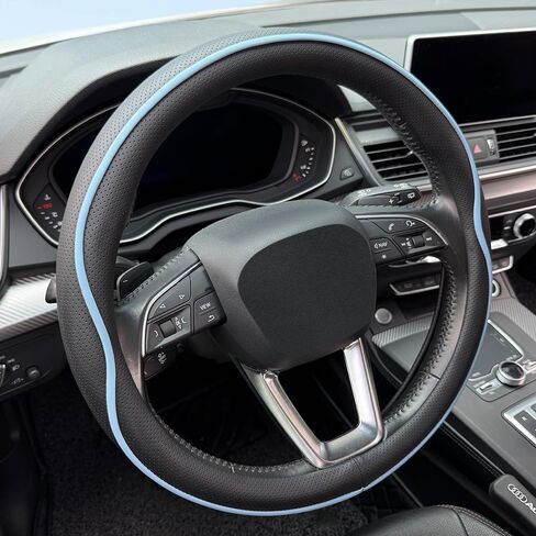 Leather Steering Wheel Cover， with Anti-Slip Stripe Design - Enhanced Grip, Fashion Style, Safe, Non-Slip, Breathable. Upgrade car Interior，Black Blue in Saudi Arabia