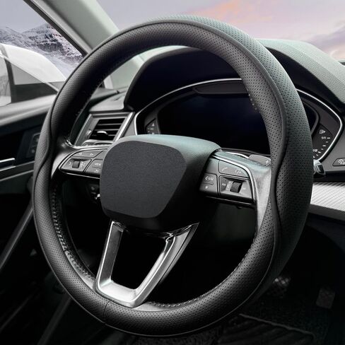 Leather Steering Wheel Cover， with Anti-Slip Stripe Design - Enhanced Grip, Fashion Style, Safe, Non-Slip, Breathable. Upgrade car Interior，Black Blue in Saudi Arabia