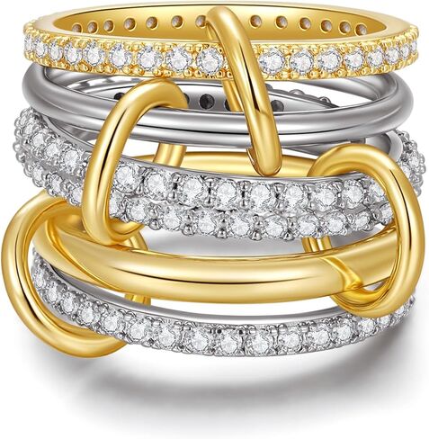TLY Gold Silver Stackable Rings for Women Mixed Metal Interlocked Statement Ring Stack 14K Gold Plated Cubic Zirconia Fashion Two Tone Connected Bands Size 4-11 in Kuwait