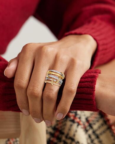 TLY Gold Silver Stackable Rings for Women Mixed Metal Interlocked Statement Ring Stack 14K Gold Plated Cubic Zirconia Fashion Two Tone Connected Bands Size 4-11 in Kuwait
