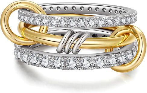 TLY Gold Silver Stackable Rings for Women Mixed Metal Interlocked Statement Ring Stack 14K Gold Plated Cubic Zirconia Fashion Two Tone Connected Bands Size 4-11 in Kuwait