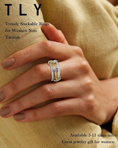 TLY Gold Silver Stackable Rings for Women Mixed Metal Interlocked Statement Ring Stack 14K Gold Plated Cubic Zirconia Fashion Two Tone Connected Bands Size 4-11 in Kuwait