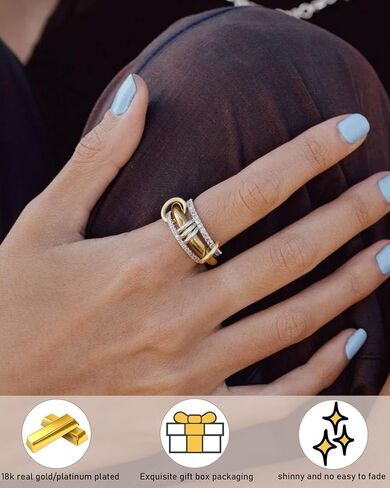 TLY Gold Silver Stackable Rings for Women Mixed Metal Interlocked Statement Ring Stack 14K Gold Plated Cubic Zirconia Fashion Two Tone Connected Bands Size 4-11 in Kuwait