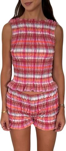 Women 2pcs Smocked Ruffle Shorts Pajamas Set Sleeveless Round Neck Plaid Print Crop Top Elastic Waist Shorts Lounge Set in Kuwait