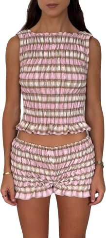 Women 2pcs Smocked Ruffle Shorts Pajamas Set Sleeveless Round Neck Plaid Print Crop Top Elastic Waist Shorts Lounge Set in Kuwait