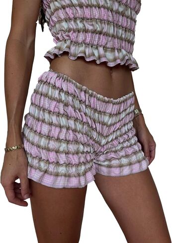Women 2pcs Smocked Ruffle Shorts Pajamas Set Sleeveless Round Neck Plaid Print Crop Top Elastic Waist Shorts Lounge Set in Kuwait