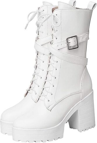 Parisuit Women's Chunky High Heel Lace Up Mid Calf Boots Goth Buckle Platform Combat Boots Punk Zip Up Booties in Kuwait