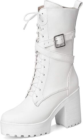 Parisuit Women's Chunky High Heel Lace Up Mid Calf Boots Goth Buckle Platform Combat Boots Punk Zip Up Booties in Kuwait