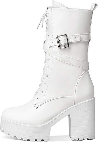 Parisuit Women's Chunky High Heel Lace Up Mid Calf Boots Goth Buckle Platform Combat Boots Punk Zip Up Booties in Kuwait