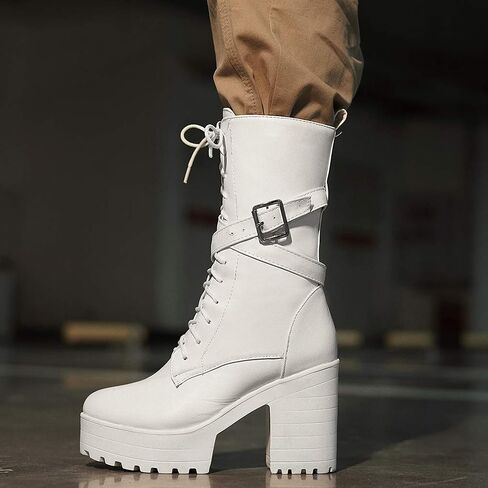 Parisuit Women's Chunky High Heel Lace Up Mid Calf Boots Goth Buckle Platform Combat Boots Punk Zip Up Booties in Kuwait