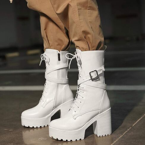 Parisuit Women's Chunky High Heel Lace Up Mid Calf Boots Goth Buckle Platform Combat Boots Punk Zip Up Booties in Kuwait
