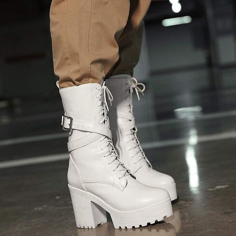Parisuit Women's Chunky High Heel Lace Up Mid Calf Boots Goth Buckle Platform Combat Boots Punk Zip Up Booties in Kuwait