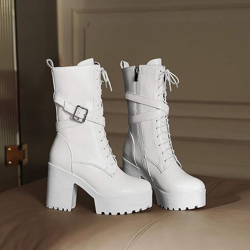 Parisuit Women's Chunky High Heel Lace Up Mid Calf Boots Goth Buckle Platform Combat Boots Punk Zip Up Booties in Kuwait