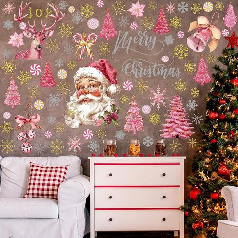 6 Sheets Vintage Christmas Wall Sticker, Oil Painting Xmas Tree Ball Pine Needle Decals, Winter Snowflake Stickers for Xmas Winter Party Home Office Classroom Decoration in Saudi Arabia